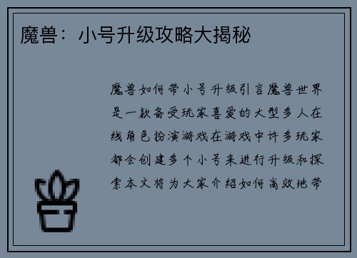 魔兽：小号升级攻略大揭秘